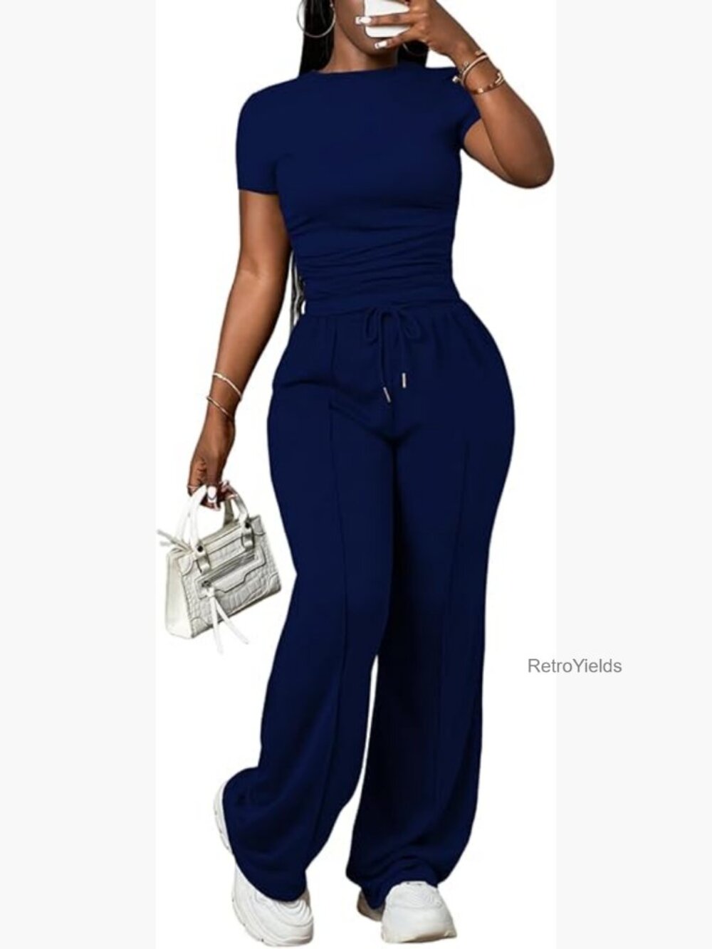 2 Piece Lounge Set Ruched Short Sleeve Top Wide Leg Pants Tracksuit